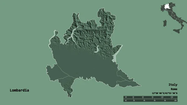 イタリアの地域であるロンバルディア州の形で その首都はしっかりとした背景に隔離されています 距離スケール リージョンプレビュー およびラベル 色の標高マップ 3Dレンダリング — ストック写真
