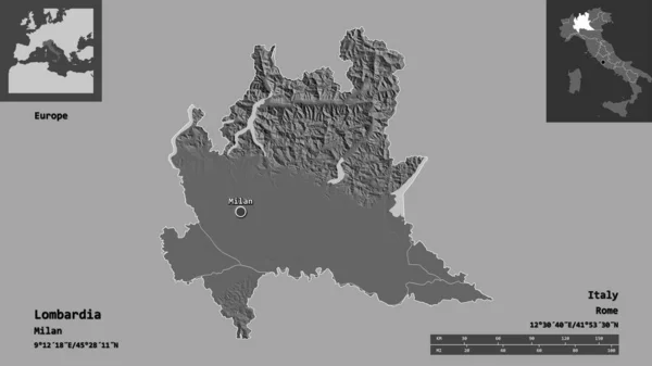 Lombardia Nın Şekli Talya Bölgesi Başkenti Uzaklık Ölçeği Gösterimler Etiketler — Stok fotoğraf