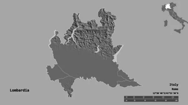イタリアの地域であるロンバルディア州の形で その首都はしっかりとした背景に隔離されています 距離スケール リージョンプレビュー およびラベル 標高マップ 3Dレンダリング — ストック写真