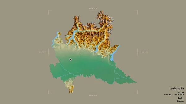 イタリアの地域であるロンバルディア州の地域は 洗練された境界ボックス内の強固な背景に隔離されています ラベル 地形図 3Dレンダリング — ストック写真