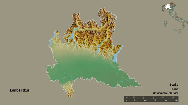 Форма Ломбардії Регіону Італії Столицею Ізольованою Твердому Тлі Масштаб Відстаней — стокове фото