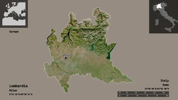 意大利伦巴第亚的形状及其首都 距离刻度 预览和标签 卫星图像 3D渲染 — 图库照片
