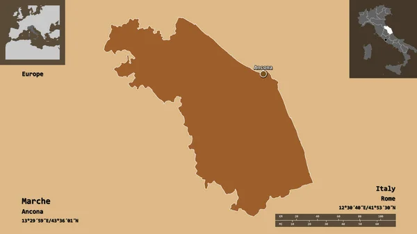 意大利马奇的形状和它的首都 距离刻度 预览和标签 图形纹理的组成 3D渲染 — 图库照片