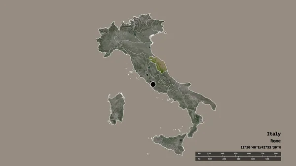 Zdesperowany Kształt Włoch Stolicą Głównym Oddziałem Regionalnym Oddzielonym Obszarem Marche — Zdjęcie stockowe