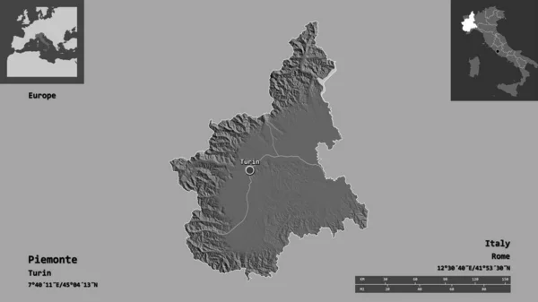Tvar Piemonte Region Itálie Jeho Hlavní Město Měřítko Vzdálenosti Náhledy — Stock fotografie