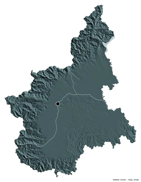 意大利皮埃蒙特的形状 其首都被白色背景隔离 彩色高程图 3D渲染 — 图库照片