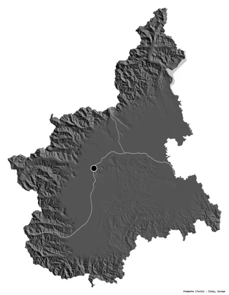 イタリアの地域であるピエモンテの形は 白い背景に首都が孤立しています 標高マップ 3Dレンダリング — ストック写真