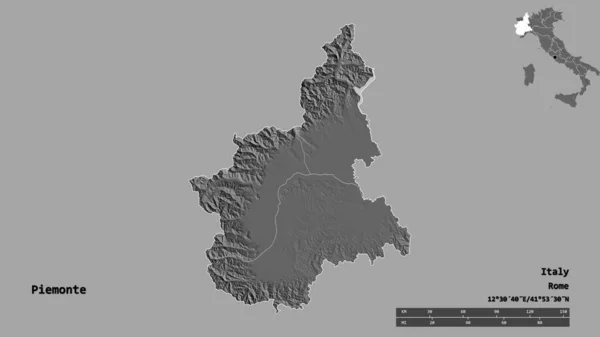 意大利皮埃蒙特的形状 其首都在坚实的背景下孤立 距离尺度 区域预览和标签 Bilevel高程图 3D渲染 — 图库照片
