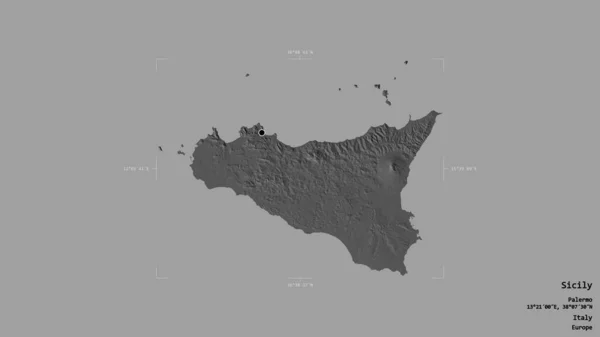 イタリアの自治区であるシチリア島のエリアは 洗練された境界ボックスにしっかりとした背景に隔離されています ラベル 標高マップ 3Dレンダリング — ストック写真