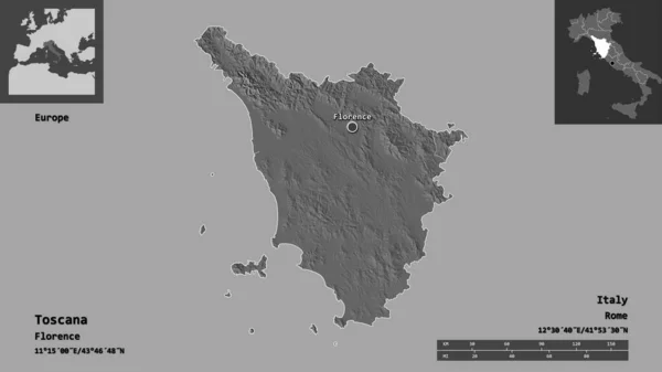 意大利托斯卡那的形状和它的首都 距离刻度 预览和标签 Bilevel高程图 3D渲染 — 图库照片