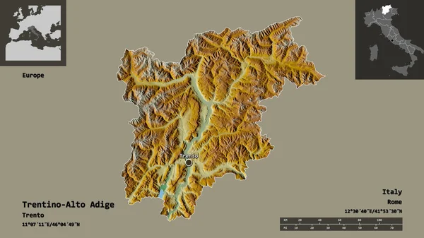 トレンティーノ アルト アディジェ イタリアの自治区とその首都の形 距離スケール プレビューおよびラベル 地形図 3Dレンダリング — ストック写真