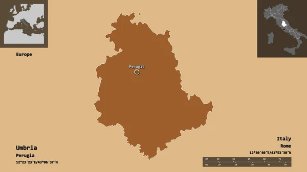 ウンブリアの形状 イタリアの地域 およびその首都 距離スケール プレビューおよびラベル パターン化されたテクスチャの構成 3Dレンダリング — ストック写真