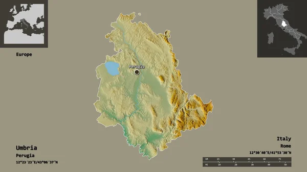 ウンブリアの形状 イタリアの地域 およびその首都 距離スケール プレビューおよびラベル 地形図 3Dレンダリング — ストック写真