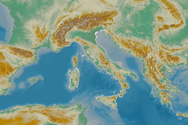 意大利幅员辽阔 有国家概况 国际和区域边界 地形浮雕图 3D渲染 — 图库照片
