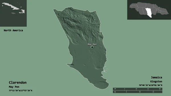 クラレンドンの形 ジャマイカの教区 およびその首都 距離スケール プレビューおよびラベル 色の標高マップ 3Dレンダリング — ストック写真