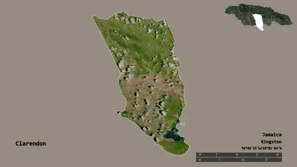 ジャマイカの教区であるクラレンドンの形で その首都はしっかりとした背景に孤立している 距離スケール リージョンプレビュー およびラベル 衛星画像 3Dレンダリング — ストック写真