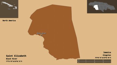 Aziz Elizabeth 'in şekli, Jamaika kilisesi ve başkenti. Uzaklık ölçeği, ön gösterimler ve etiketler. Desenli dokuların bileşimi. 3B görüntüleme