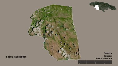 Jamaika 'nın başkenti St. Elizabeth' in suretinde ve arka planda izole edilmiş. Uzaklık ölçeği, bölge önizlemesi ve etiketleri. Uydu görüntüleri. 3B görüntüleme