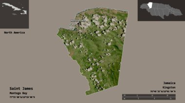 Aziz James 'in sureti, Jamaika kilisesi ve başkenti. Uzaklık ölçeği, ön gösterimler ve etiketler. Uydu görüntüleri. 3B görüntüleme