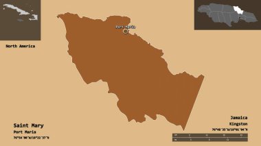 Azize Mary 'nin şekli, Jamaika kilisesi ve başkenti. Uzaklık ölçeği, ön gösterimler ve etiketler. Desenli dokuların bileşimi. 3B görüntüleme