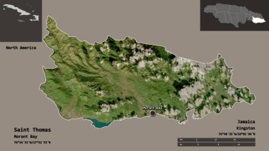 Aziz Thomas 'ın şekli, Jamaika kilisesi ve başkenti. Uzaklık ölçeği, ön gösterimler ve etiketler. Uydu görüntüleri. 3B görüntüleme