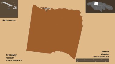 Trelawny 'nin şekli, Jamaika bölgesi ve başkenti. Uzaklık ölçeği, ön gösterimler ve etiketler. Desenli dokuların bileşimi. 3B görüntüleme