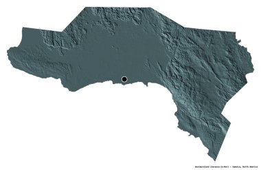 Beyaz arka planda başkenti izole edilmiş, Jamaika kilisesi Westmoreland 'in şekli. Renkli yükseklik haritası. 3B görüntüleme