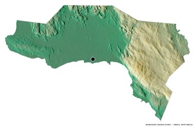 Beyaz arka planda başkenti izole edilmiş, Jamaika kilisesi Westmoreland 'in şekli. Topografik yardım haritası. 3B görüntüleme