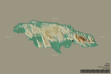 Jamaika bölgesi, jeoreferatlı bir sınır kutusunda sağlam bir zeminde izole edilmiş. Ana bölgesel bölüm, mesafe ölçeği, etiketler. Topografik yardım haritası. 3B görüntüleme