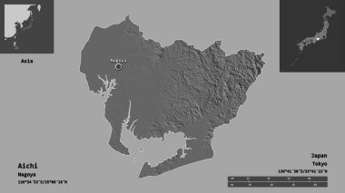 Aichi 'nin şekli, Japonya ili ve başkenti. Uzaklık ölçeği, ön gösterimler ve etiketler. Çift seviyeli yükseklik haritası. 3B görüntüleme