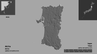 Akita 'nın şekli, Japonya vilayeti ve başkenti. Uzaklık ölçeği, ön gösterimler ve etiketler. Çift seviyeli yükseklik haritası. 3B görüntüleme