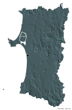 Japonya 'nın başkenti Akita' nın beyaz arka planda izole edilmiş hali. Renkli yükseklik haritası. 3B görüntüleme