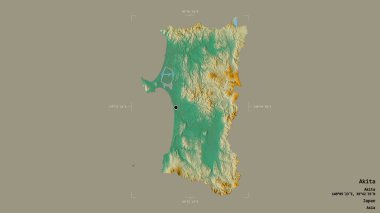 Akita bölgesi, Japonya vilayeti, jeoreferatlı bir sınır kutusunda sağlam bir arka planda izole edilmiş. Etiketler. Topografik yardım haritası. 3B görüntüleme