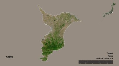 Başkenti sağlam bir zemin üzerinde izole edilmiş, Japonya 'nın Chiba bölgesi. Uzaklık ölçeği, bölge önizlemesi ve etiketleri. Uydu görüntüleri. 3B görüntüleme