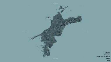 Ehime bölgesi, Japonya vilayeti, jeoreferatlı bir sınır kutusunda sağlam bir arka planda izole edilmiş. Etiketler. Renkli yükseklik haritası. 3B görüntüleme