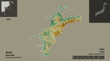 Ehime 'nin şekli, Japonya vilayeti ve başkenti. Uzaklık ölçeği, ön gösterimler ve etiketler. Topografik yardım haritası. 3B görüntüleme