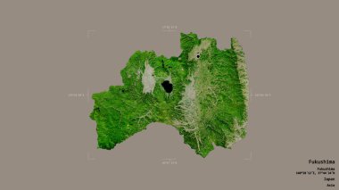 Fukushima bölgesi, Japonya vilayeti, jeoreferatlı bir sınır kutusunda sağlam bir arka planda izole edilmiş. Etiketler. Uydu görüntüleri. 3B görüntüleme