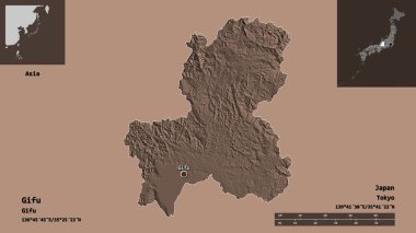 Gifu 'nun şekli, Japonya vilayeti ve başkenti. Uzaklık ölçeği, ön gösterimler ve etiketler. Renkli yükseklik haritası. 3B görüntüleme