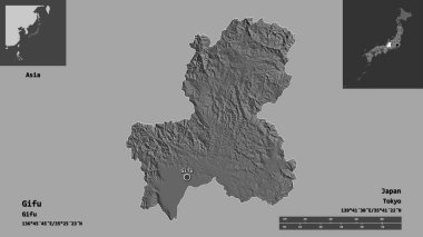 Gifu 'nun şekli, Japonya vilayeti ve başkenti. Uzaklık ölçeği, ön gösterimler ve etiketler. Çift seviyeli yükseklik haritası. 3B görüntüleme
