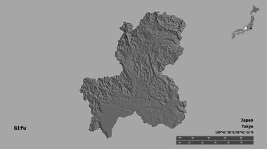 Japonya 'nın Gifu ili, başkenti katı bir zemin üzerinde izole edilmiştir. Uzaklık ölçeği, bölge önizlemesi ve etiketleri. Çift seviyeli yükseklik haritası. 3B görüntüleme