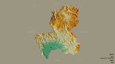 Gifu bölgesi, Japonya vilayeti, jeoreferatlı bir sınır kutusunun sağlam bir arka planında izole edilmiş. Etiketler. Topografik yardım haritası. 3B görüntüleme