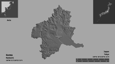Gunma 'nın şekli, Japonya vilayeti ve başkenti. Uzaklık ölçeği, ön gösterimler ve etiketler. Çift seviyeli yükseklik haritası. 3B görüntüleme