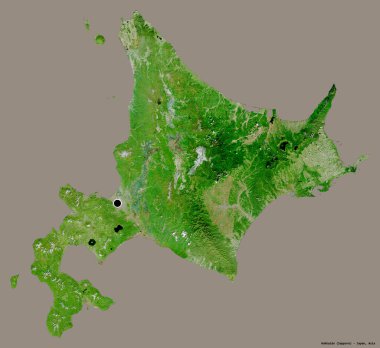 Japon devri Hokkaido 'nun şekli, başkenti katı renk arkaplanı ile izole edilmiş. Uydu görüntüleri. 3B görüntüleme
