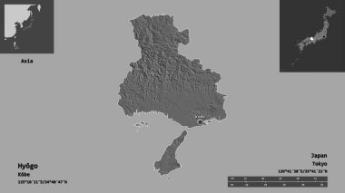Hyogo 'nun şekli, Japonya vilayeti ve başkenti. Uzaklık ölçeği, ön gösterimler ve etiketler. Çift seviyeli yükseklik haritası. 3B görüntüleme
