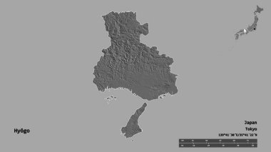 Japonya 'nın başkenti Hyogo' nun katı bir arka planda izole edilmiş hali. Uzaklık ölçeği, bölge önizlemesi ve etiketleri. Çift seviyeli yükseklik haritası. 3B görüntüleme