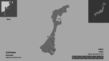 Ishikawa 'nın şekli, Japonya vilayeti ve başkenti. Uzaklık ölçeği, ön gösterimler ve etiketler. Çift seviyeli yükseklik haritası. 3B görüntüleme