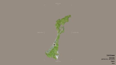 Ishikawa bölgesi, Japon vilayeti, jeoreferatlı bir sınır kutusunda sağlam bir arka planda izole edilmiş. Etiketler. Uydu görüntüleri. 3B görüntüleme