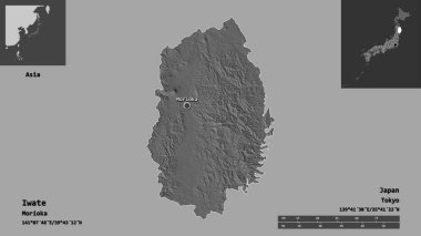 Iwate 'nin şekli, Japonya vilayeti ve başkenti. Uzaklık ölçeği, ön gösterimler ve etiketler. Çift seviyeli yükseklik haritası. 3B görüntüleme