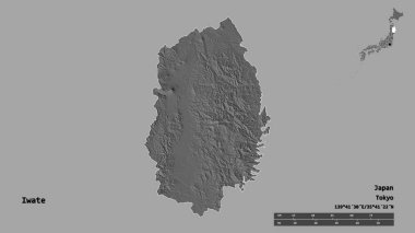 Japonya 'nın Iwate ili, başkenti katı arka planda izole edilmiş. Uzaklık ölçeği, bölge önizlemesi ve etiketleri. Çift seviyeli yükseklik haritası. 3B görüntüleme