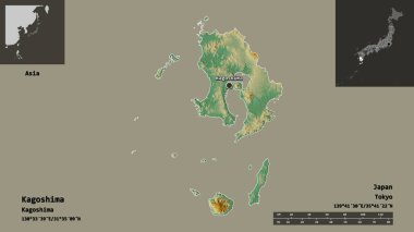 Kagoshima 'nın şekli, Japonya vilayeti ve başkenti. Uzaklık ölçeği, ön gösterimler ve etiketler. Topografik yardım haritası. 3B görüntüleme